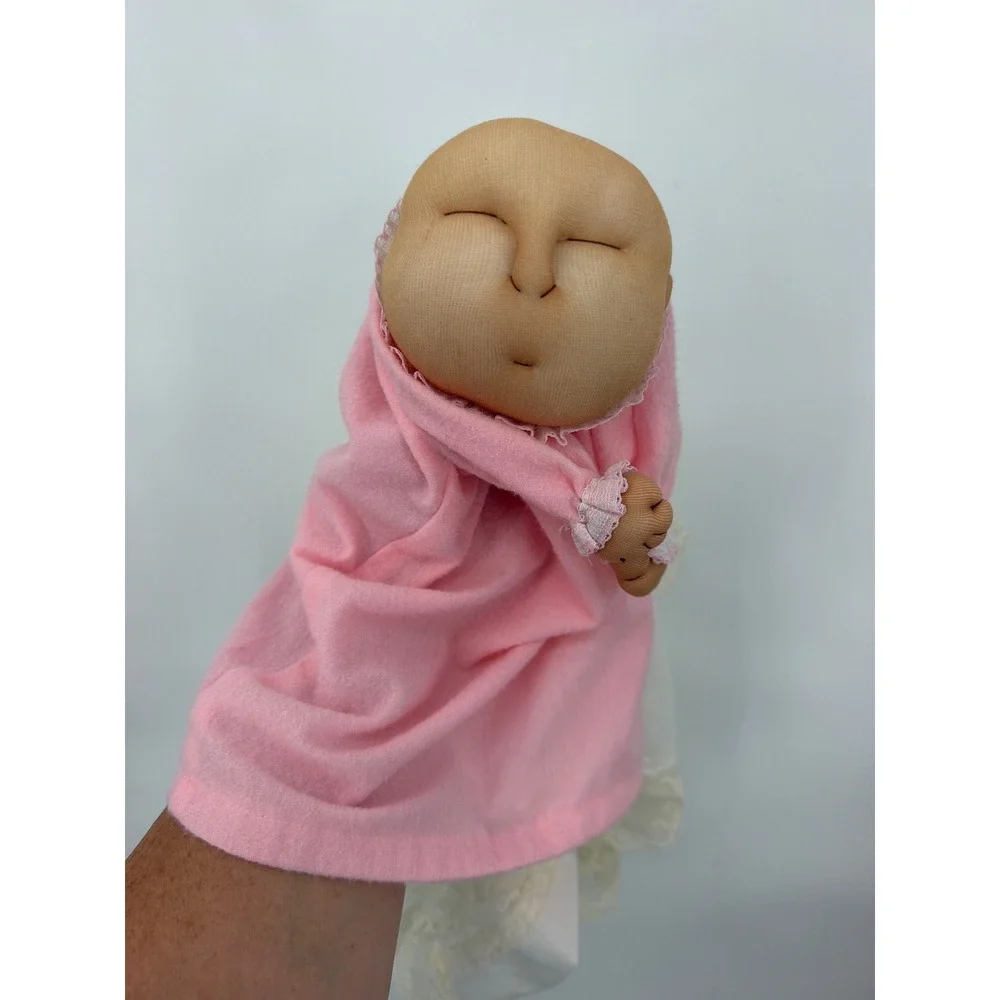 Vintage Soft Sculpture Sleeping Baby Hand Puppet Pink Fleece Lace Handkerchief